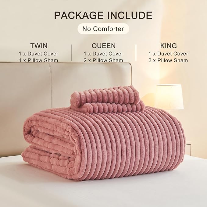 EMME Faux Fur Duvet Cover King Size, 3 Pieces Ultra Soft Fluffy Comforter Cover, Cozy Warm for Winter, Luxury Elegant Shaggy Striped Design Bedding, 1 Duvet Cover & 2 Pillow Shams (King, Old Pink)
