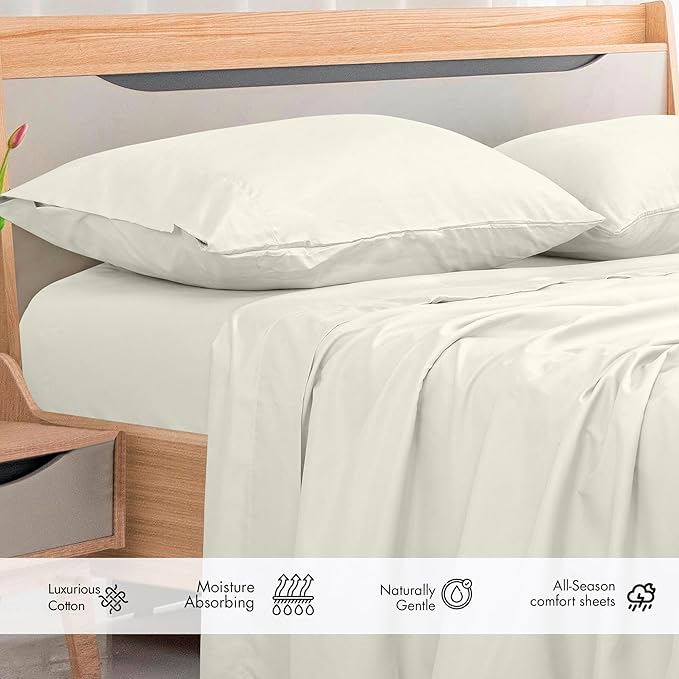Royale Linens 300 Thread Count 100% Long Staple Combed Cotton - Super Soft -Top Sheet - TwinXL Flat Sheet Sold Separately - Breathable, Cool & Crisp Percale Flat Sheet Only (Twin XL, Ivory)