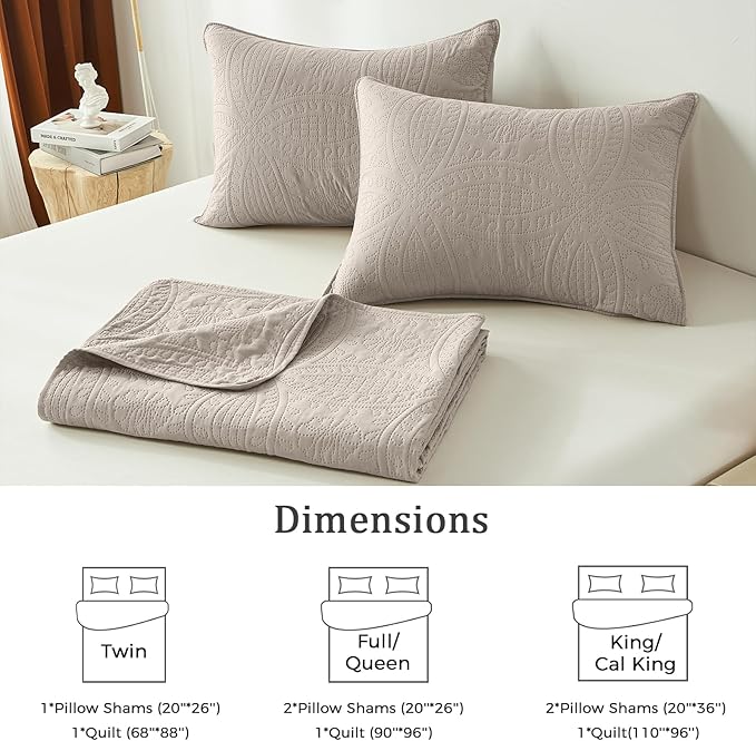 akkialla Taupe Full/Queen Quilt Set, Ultrasonic Lightweight Bedspread Coverlet for Modern Minimalist Bedroom, Soft Microfiber Coin Pattern Bedding, 3-Piece (1 Quilt, 2 Pillow Shams) | Breathable fabric