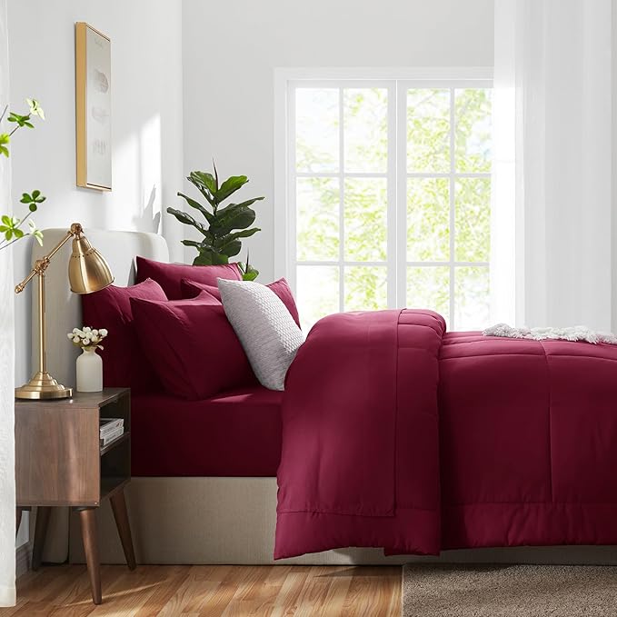CozyLux Full Size Comforter Sets Burgundy, 7 Pieces Bed in a Bag, Red Comforter Full Size, All Season Bedding Sets with Stitch Quilted Comforter, Flat Sheet, Fitted Sheet, Pillowcases