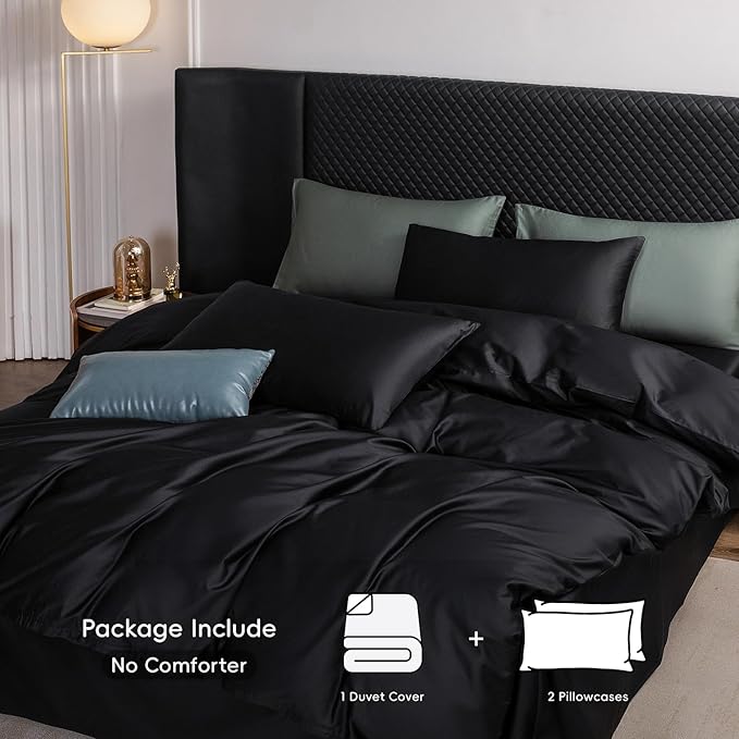 MooMee Duvet Cover Set 100% Extra Long Staple Cotton 600 Thread Count Silky Sateen Smooth Luxury Soft Breathable Durable Hotel Quality Bedding, 3 Pieces (Black, Super King 108"x98")