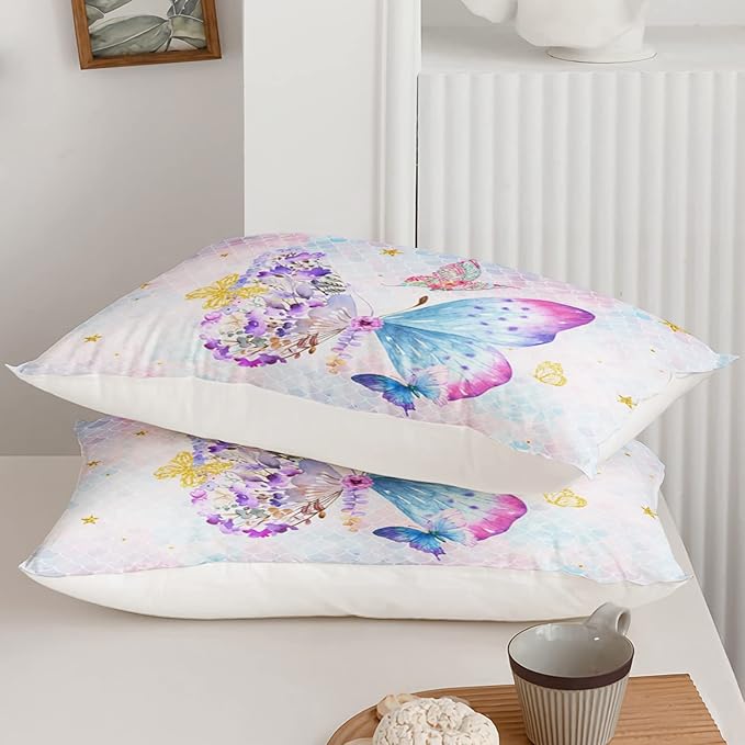 Axolotl Butterfly Bedding Full,Rainbow Butterfly Comforter Set for Girls Teens,Butterfly Bedding for Girls with Golden Star Scales Pattern,Butterfly Printed Quilt Set with 1 Comforter 2 Pillowcases