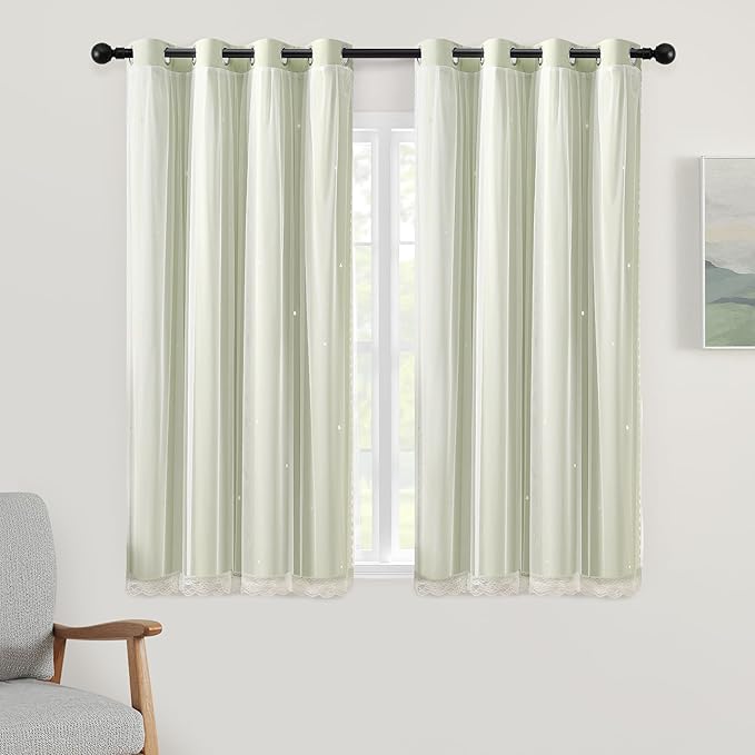 XiDi Star Blackout Sage Green Curtains 63 inch Length 2 Panels Set Chic Thermal Insulated Grommet Room Darkening Window Drapes for Nursery Kids Girls Bedroom Living Room W52 x L63 Light Green
