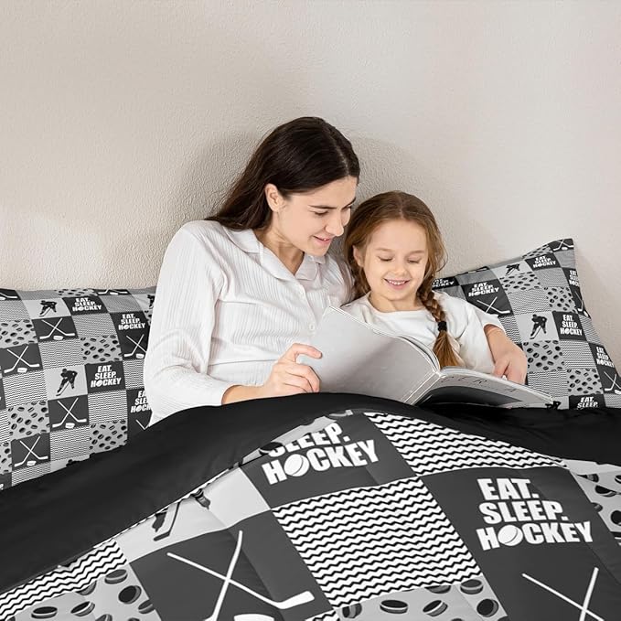 Ice Hockey Comforter Sets For Boys King Black White Grey Winter Sports Games Down Comforter Kids Teen Room Decor,Hockey Pucks Player Bedding Set Geometric Checkered Stripes Quilt Duvet 2 Pillow Cases
