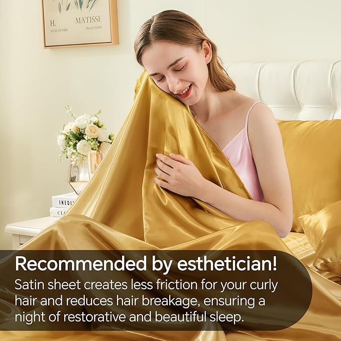 BEDELITE King Size Sheets Set, Luxury Soft Gold Satin Sheets for Hair and Skin, Similar to Silk Bed Sheets Set 4 Pieces with 1 Deep Pocket Fitted Sheet, 1 Flat Sheet, and 2 Pillowcases