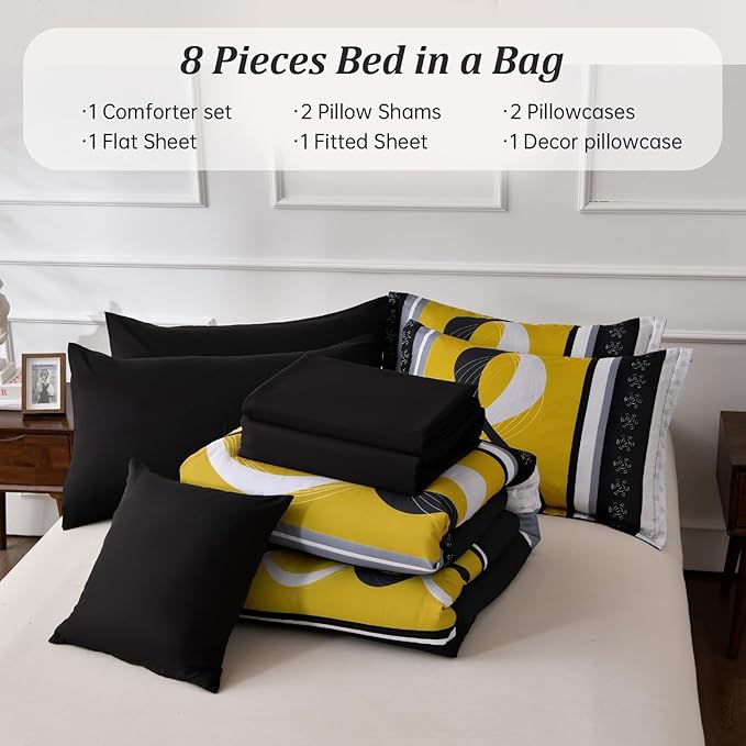 Anibedding Yellow Black Comforter Set Queen Size,8 Pieces Bed in a Bag Patchwork Striped Bedding Sets,Boho Soft Microfiber Bedding Set for All Season(90"×90")