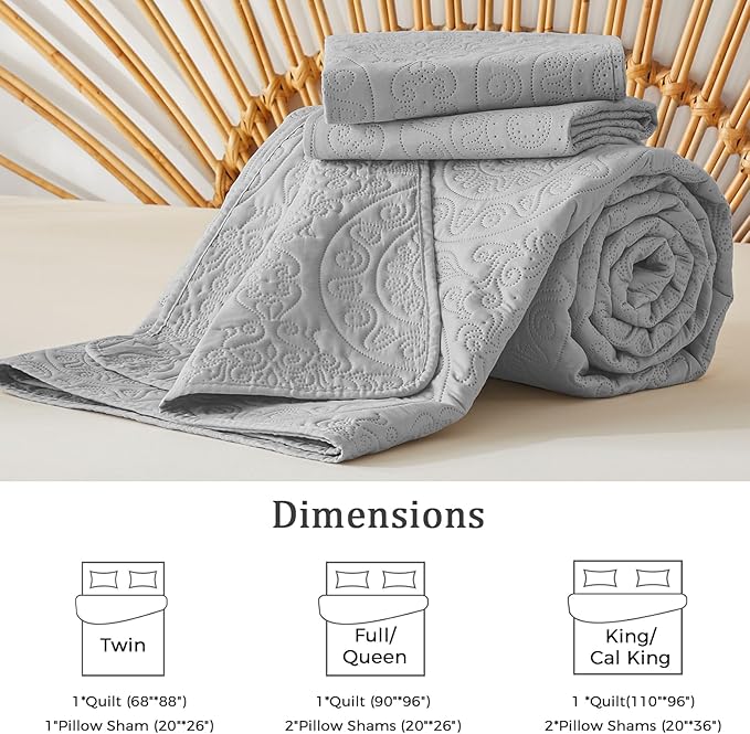 WURUIBO Light Gray Quilt Set Queen Size, Embossing Microfiber Full Bedspreads with Pillow Sham, Ligthweight Breathable Thin Coverlet, Reversible Bedding Set for All Season (1 Quilt, 2 Pillow Shams)