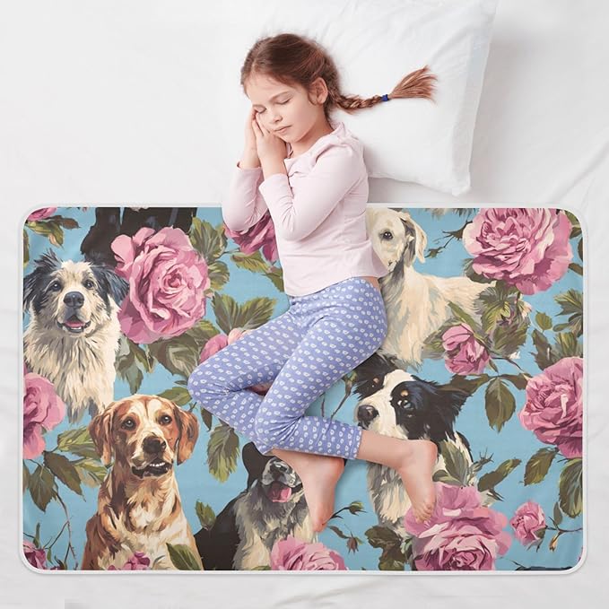 Waterproof Bed Pad Reusable Changing Pad Toddler Mattress Protector Large Pee Pad Baby Diaper Pad Soft Washable Liner Blue Dog and Rose