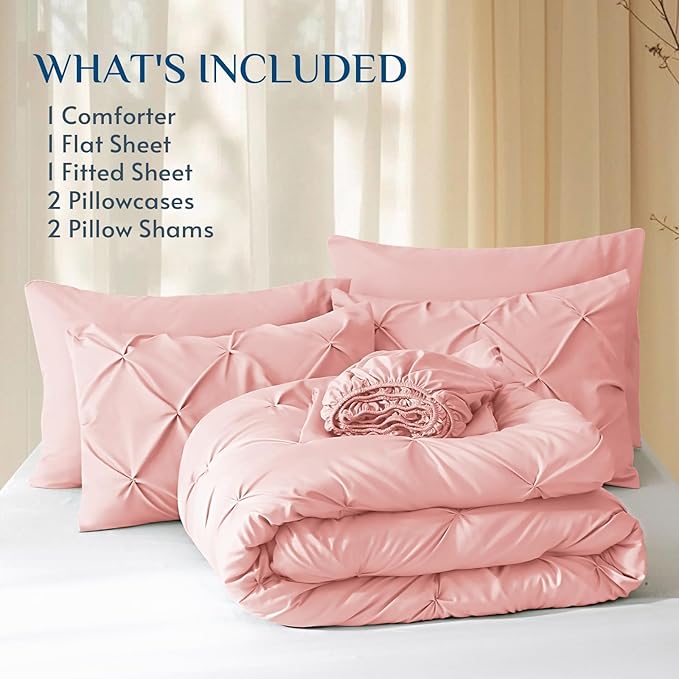 JOLLYVOGUE California King Comforter Set 7 Pieces - Bed in a Bag Cal King for All Season, Pintuck Bedding Comforter Sets with Comforter, Flat Sheet, Fitted Sheet and Pillowcases & Shams, Pink