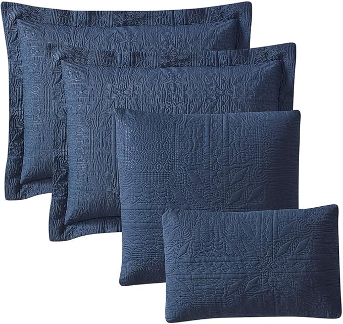 Hearth & Harbor Quilts Queen Size - All Season Bedspread Coverlet Set, Pinsonic Weave Lightweight Bedding Set - 7 Piece Queen Quilt Set with Pillow Shams, Grid - Navy