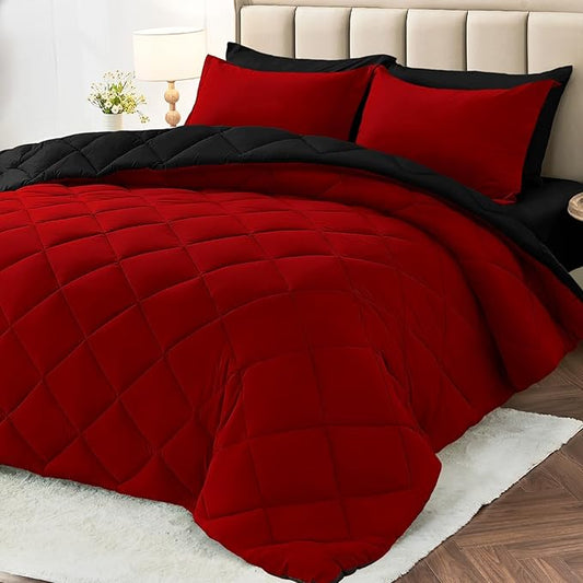 MUXHOMO 5 Pieces Twin XL Comforter Set, Reversible Bed in a Bag Twin XL Size, All Season Bedding Set with Comforter, Flat Sheet, Fitted Sheet, Pillowcases & Shams, Red & Black