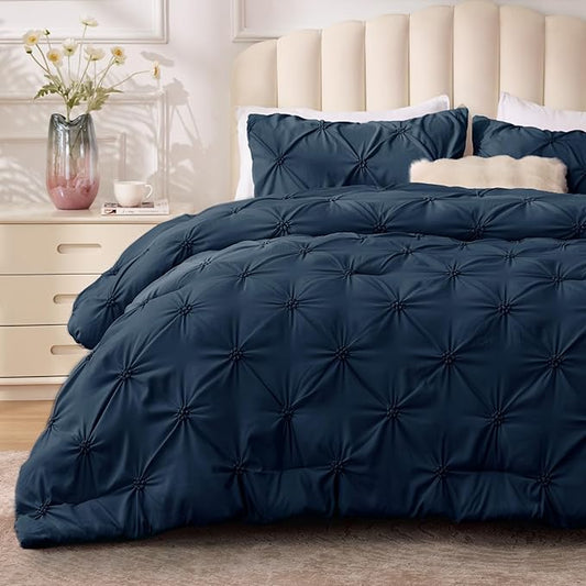 BEDELITE Navy Twin Comforter Set - 2 Peices Boho Pintuck Bedding Comforter Sets, Lightweight Soft & Warm Twin Bedding Sets with 1 Pillowcase for All Season