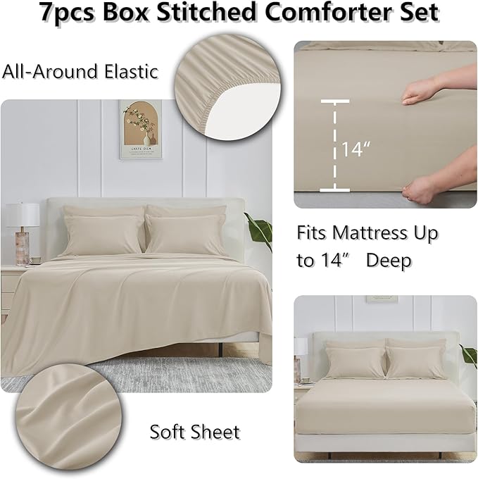 CozyLux Queen Comforter Set Oatmeal - 7 Pieces Bed in a Bag Queen, All Season Breathable Bedding Sets, Oeko-Tex Certified Bed Set with Down Alternative Comforter, Sheets, Pillowcases & Pillow Shams