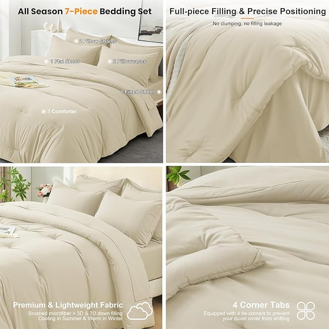 Queen Comforter Set 7 Piece - Soft Bed in a Bag Queen Size Comforter Sets, Cozy Luxury Bedding Sets with All Season Comforter, Flat Sheet, Fitted Sheet,2 Pillowcases & 2 Shams, Beige