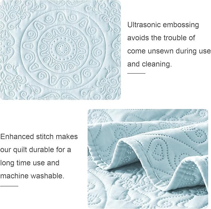 WURUIBO Sky Blue Quilt Set Twin Size, Embossing Microfiber Bedspreads with Pillow Sham, Ligthweight Breathable Thin Coverlet, Reversible Bedding Set for All Season (1 Quilt, 1 Pillow Sham)