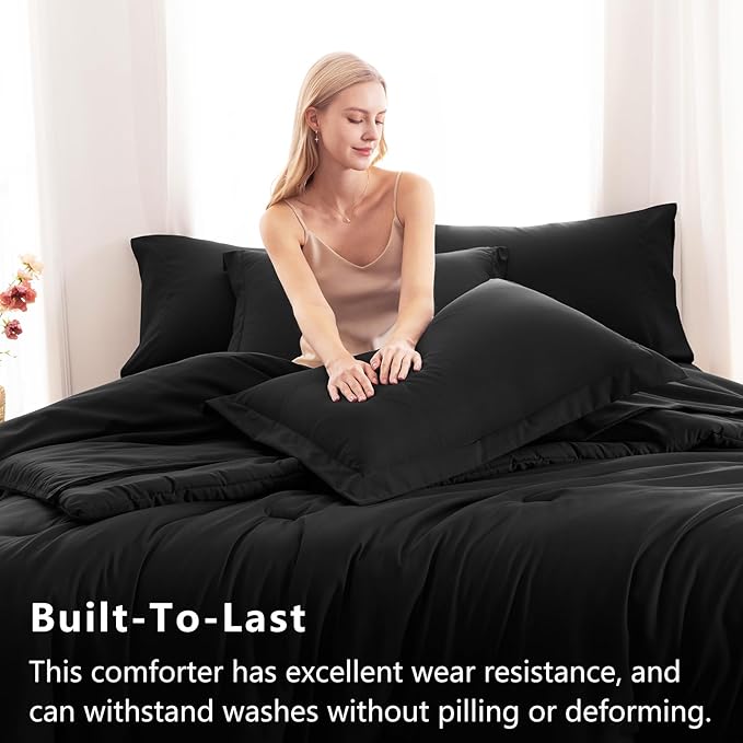 CozyLux Queen Comforter Set Black, 7 Pieces Bed in a Bag Soft Bedding Comforter Set with Sheets, All Season Boho 7PC Bed Sets with Comforter, Fitted Sheets, Flat Sheets, Pillow Shams and Pillowcases