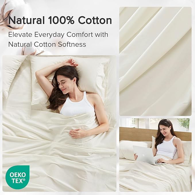 Comfort Spaces 100% Cotton Sheets Twin XL, Breathable, Soft Cotton Sheets, Naturally Cool Cotton Bed Sheets with 12" Elastic Pocket Fits up to 14" Mattress, All Season Sheet Set, Twin XL Ivory 3 Piece