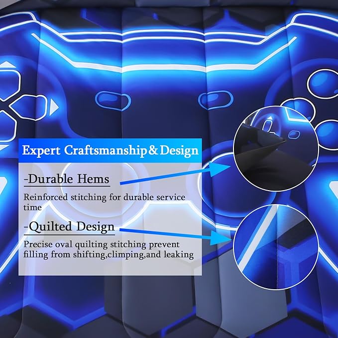 JQinHome Twin Size Gaming Bedding Set 6-Piece Comforter for Boys Teens - 3D Video Game Print Bed in a Bag with Sheets, Blue Cool Black Design (Twin)