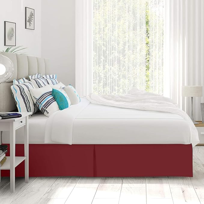 Pleated Bed Skirt 10 Inch Drop Queen Size – Wrinkle-Free Microfiber – Dust Ruffle with Split Corners Burgundy