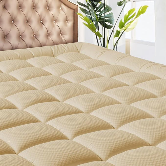 MATBEBY Twin Size Mattress Pad - Cooling Breathable Mattress Topper, Quilted Fitted Mattress Protector, Pillow Top Mattress Cover with 8-21" Deep Pocket, Soft, Machine Washable, Beige, 39x75 Inches