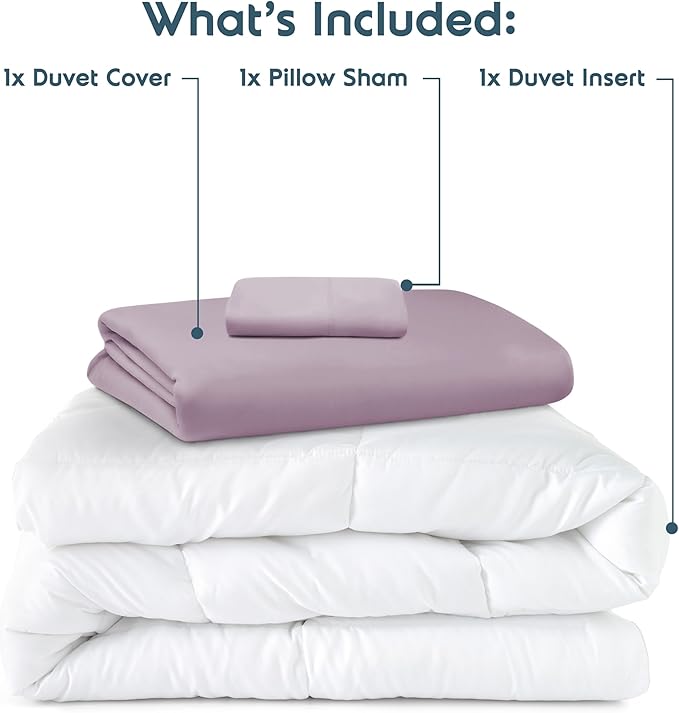 Nestl Twin Duvet Cover Set with Comforter Insert - Dusty Purple 3 Piece 68x90 Duvet Cover & 1 Pillow Sham with White Quilted Down Alternative Comforter, Ultra Soft, All Season
