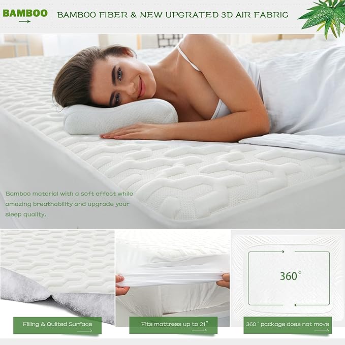 GRT Twin Size Waterproof Mattress Protector Rayon Bamboo - 3D Air Fiber Cooling Mattress Protector Cover, Breathable Mattress Pad Noiseless 8''-21'' Deep Pocket Machine Washable