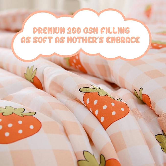 Yibeizi Strawberry Comforter Set for Girls Twin, Kids Pink Checkered Printed Bedding Set with Pillow Sham, Cute Lightweight Soft Breathable Machine Washable Quilted Bed Comforter Set 2 Piece