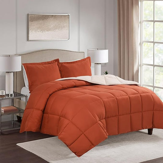 HIG 3pc Burnt Orange King Size Comforter Set - All Season Reversible Down Alternative Comforter with Sham - Quilted Duvet Insert with Corner Tabs - Box Stitched - Breathable, Soft, Fluffy