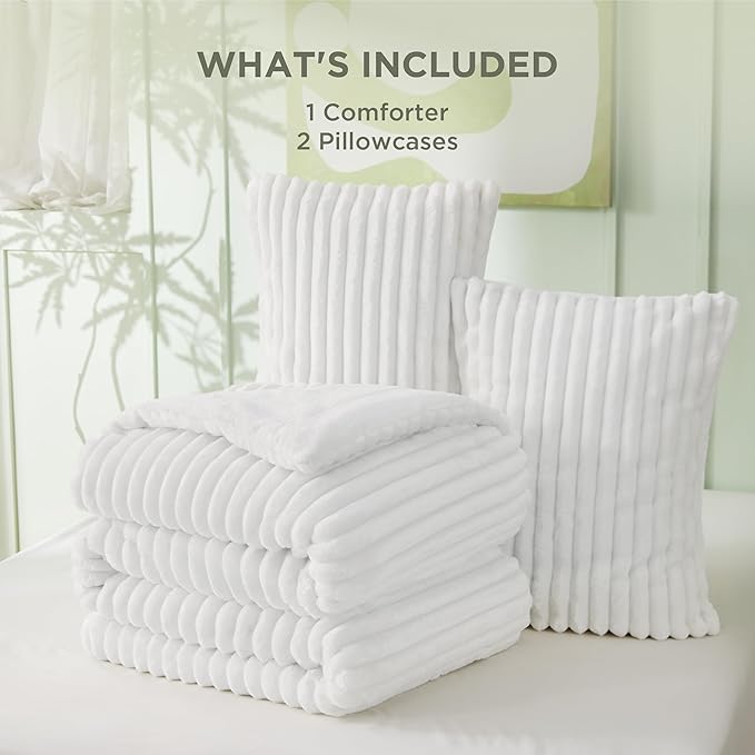 Bedsure King Size Comforter Set - GentleSoft™ 3 Pieces Fluffy Double-Side Fleece Comforter Set, Cozy Striped Room Decor Aesthetic, Luxury Bright White King Bedding with 2 Pillowcases, 104x90 Inches