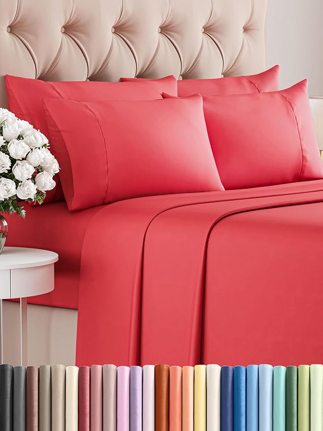 Cal King 6 Piece Sheet Set - Comfy Breathable & Cooling - Ultra Soft Hotel Luxury Bedding Set w/ 8-16 Inch Deep Pockets - 1 Flat & 1 Fitted Sheet & 4 Pillowcases - Cozy, Wrinkle Free & Easy Care - Red