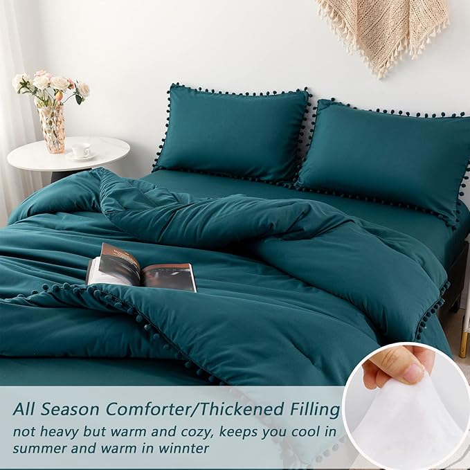 PERFEMET 5 Pcs Teal Comforter Set King Aesthetic Boho Pom Pom Fringe Comforter with Sheets Ultra Soft Cute Lightweight Bed Sets for All Season(Teal, King)