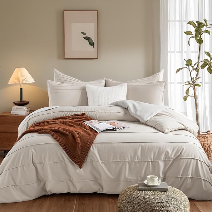 NEXHOME PRO 100% Organic Cotton Duvet Cover Queen Size, Linen Like Pleated Textured Tannish Linen Grey Duvet Cover Set, 3pc Bedding Set with Zipper Closure,Soft,Breathable,90"x90", No Comforter