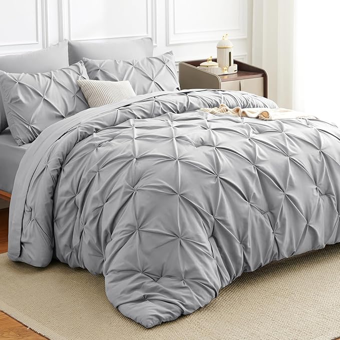 Full Comforter Set Light Grey, 7 Pieces Pintuck Bed in A Bag Full Size Bedding, Soft Bed Set All Season Pinch Pleat Comforter Set with Sheets, Pillowcases & Shams