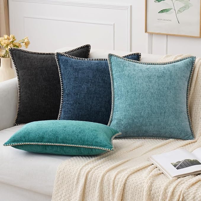 MIULEE Pack of 2 Couch Throw Pillow Covers 22x22 Inch Teal Farmhouse Decorative Pillow Covers with Stitched Edge Soft Chenille Solid Dyed Spring Pillow Covers for Sofa Bed Living Room