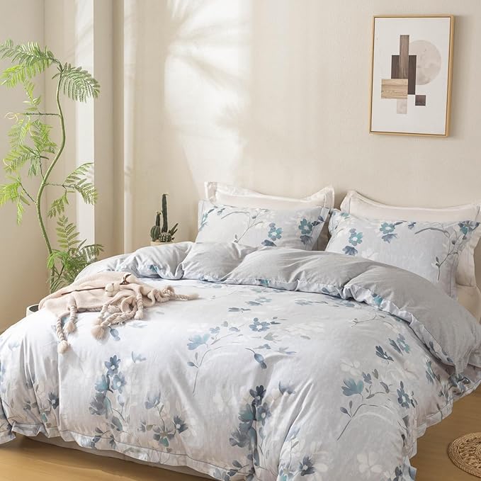 OAITE Duvet Cover Set Twin Size Floral Pattern Ultra Soft 100% Cotton Duvet Cover Sets 3-PC, Breathable Duvet Cover with Zipper Closure & Corner Ties(2 Pillow Shams,1 Duvet Cover)