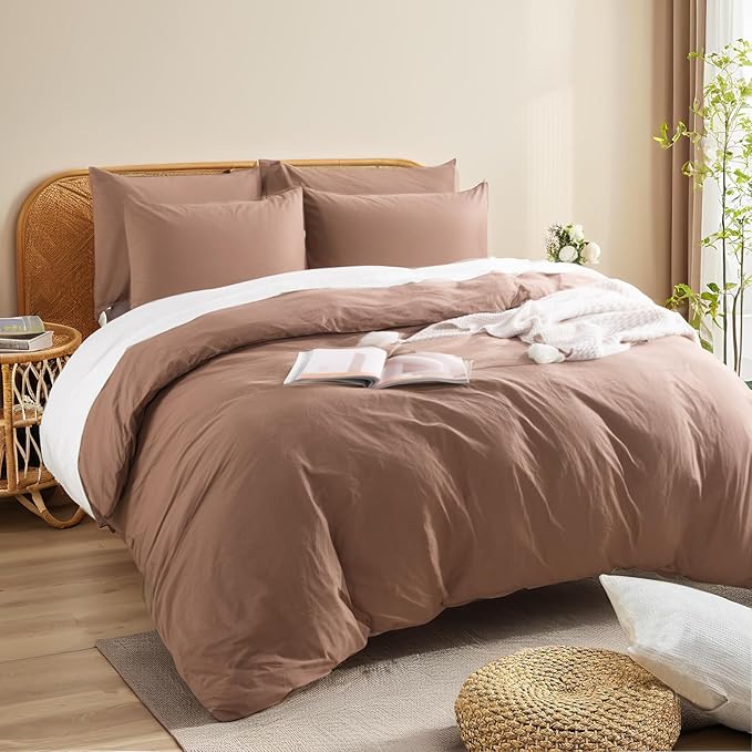 NEXHOME PRO Duvet Cover Set Queen Size Linen Textured Organic Natural 100% Washed Cotton Duvet Cover Mocha Brown 3 Pieces Bedding Set with Zipper Closure, Breathable, Soft (No Comforter)