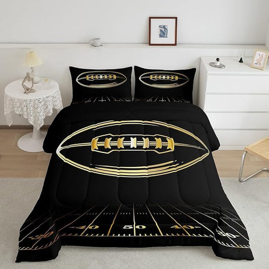 Feelyou Football Bedding Set Toddler Kids Rugby Sports Comforter Set American Football Comforter Set for Boys Golden Black Room Decor Lightweight Quilt Set with 1 Pillow Case