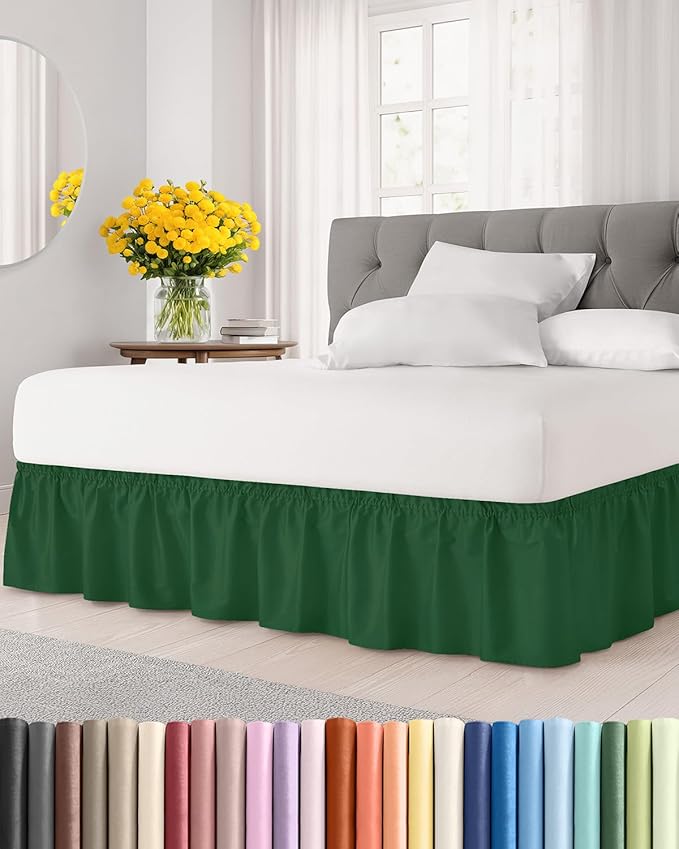 Wrap Around Dust Ruffle Bed Skirt - Emerald - Twin/Twin XL Size Beds w/ 15 Inch Drop - Easy Fit Elastic Strap - Adjustable Pleated Bedskirt w/Brushed Fabric - Wrinkle Free - Women, Men, Kids & Teens