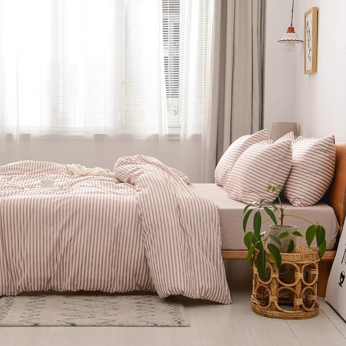 JELLYMONI 100% Natural Cotton 3pcs Striped Duvet Cover Sets,White Duvet Cover with Pink Stripes Pattern Printed Comforter Cover,with Zipper Closure & Corner Ties(King Size)