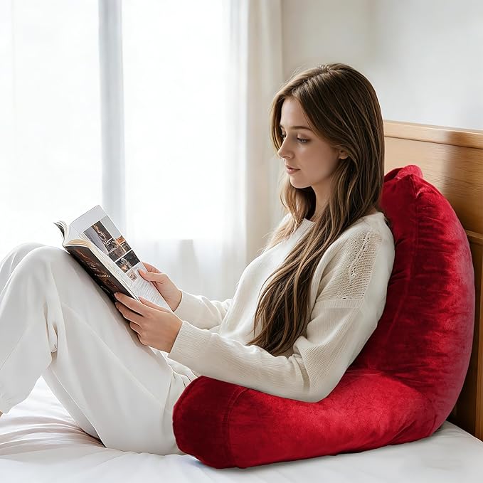 Reading Pillow for Sitting in Bed Adult, Reading Pillow with Shredded Memory Foam, Bed Pillow with Washable Cover, Back Pillow Sitting Up with Extend Arms, Red, X-Large