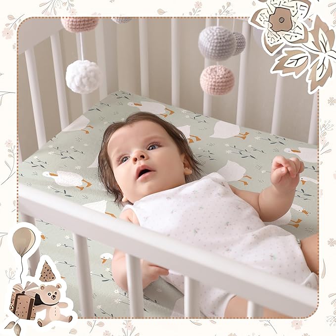 Peryiter 4 Pack Crib Sheets Girl Soft Baby Bed Sheet Set 52'' x 28" Nursery Crib Sheets for Standard Bed for Nursery Decor Baby Boys or Girls(Brown,Silly Goose)