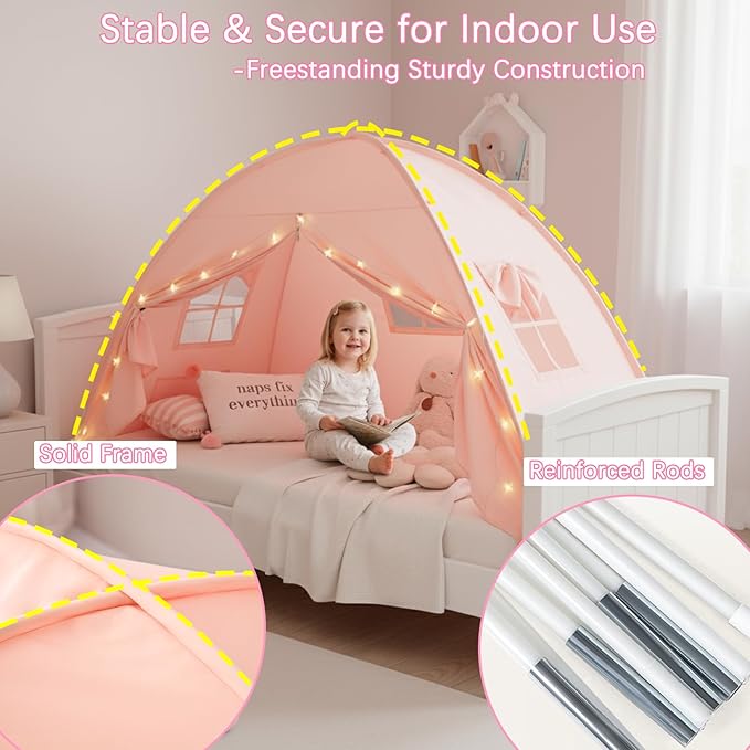 Akiky Bed Tent Bed Canopy Twin Size with Bottom,Kids Tent with Lights Portable Foldable Bunk Bed Curtains for Girls Boys (Pink, Twin)