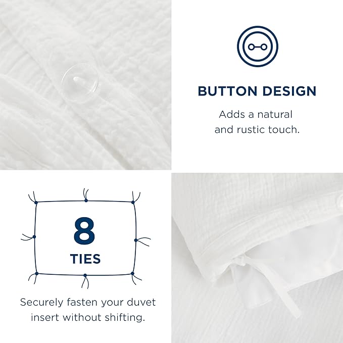 Bedsure 100% Muslin Cotton Duvet Cover King Size - Ultra-Soft, Breathable & Lightweight - Linen Like Gauze Comforter Cover Set with Button Closure and Corner Ties (White, King, 104"x90")