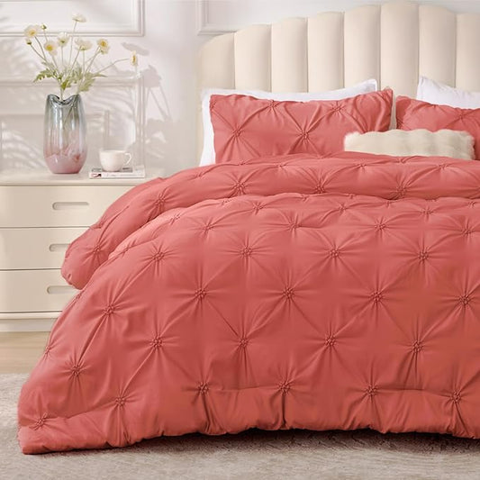 BEDELITE Coral King Size Comforter Set - 3 Pieces Boho Pintuck Bedding Comforter Sets, Lightweight Soft & Warm King Bedding Set with 2 Pillowcases for All Season
