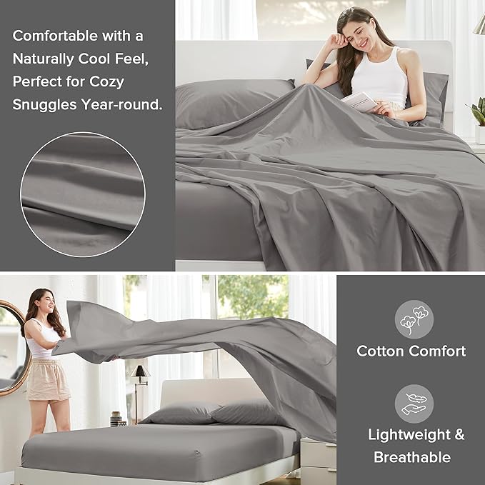 Comfort Spaces 100% Cotton Sheets Cal King, Breathable & Soft Cotton Sheets, Naturally Cool Cotton Bed Sheets with 14" Elastic Pocket Fits up to 16" Mattress, All Season Sheet Set, Dark Gray 4 Piece