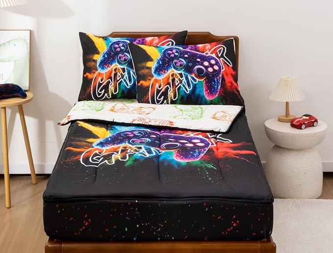 Meeting Story Kids Game Bedding Zipper Comforter Zip Bedding Set for Kid, All in one Zipper Bedding（RedBlue,Twin）