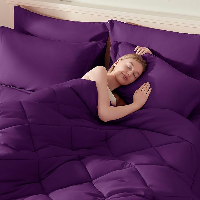 ELNIDO QUEEN® Purple King Size Comforter Set - 7 Pieces Comforter King Size, Ultra Soft Bed in a Bag Bedding Sets with All Season Comforter, Flat Sheet, Fitted Sheet and Pillowcases and Shams