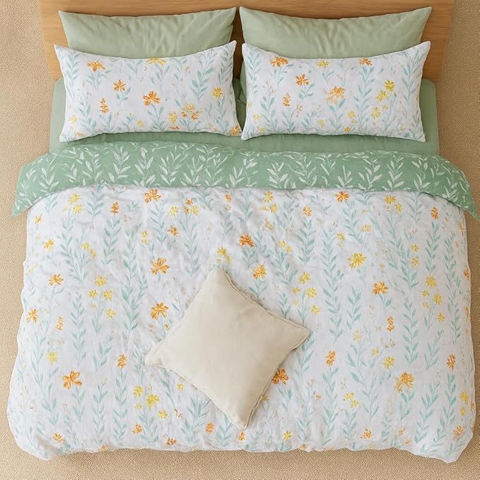 White Green Floral Microfiber Duvet Cover Set 3Pcs King Bedding Comforter Cover Reversible Quilt Soft Bedspread Zipper Closure Tie Modern Farmhouse Boho Cottage Style Luxury Bedroom Decor Bedding