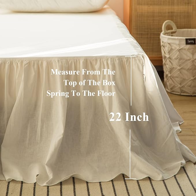 BISELINA French Linen Bed Skirt with Pleated Frills 22-Inch Tailored Drop Natural Flax Cotton Blend Dust Ruffle Soft Cozy Farmhouse Bedding (22" Queen, White)