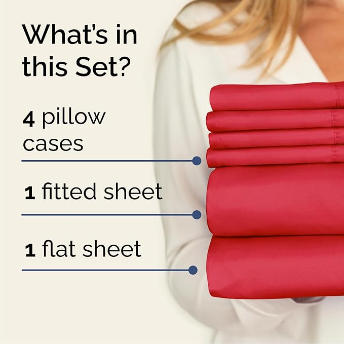 Cal King 6 Piece Sheet Set - Comfy Breathable & Cooling - Ultra Soft Hotel Luxury Bedding Set w/ 8-16 Inch Deep Pockets - 1 Flat & 1 Fitted Sheet & 4 Pillowcases - Cozy, Wrinkle Free & Easy Care - Red